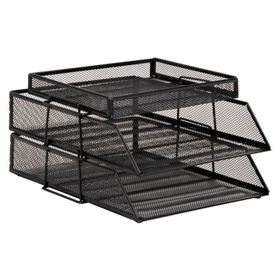 2 Tier Paper Tray with Top Supply Compartment, Desktop File Organizer, Metal Mesh