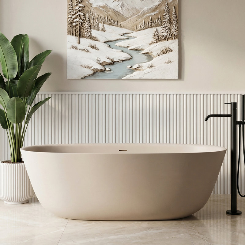 55" X 27" Freestanding Tub Solid Surface Stone Resin Soaking Bathtub, Bisque, 55" L x 27.56" W x 22.05" H