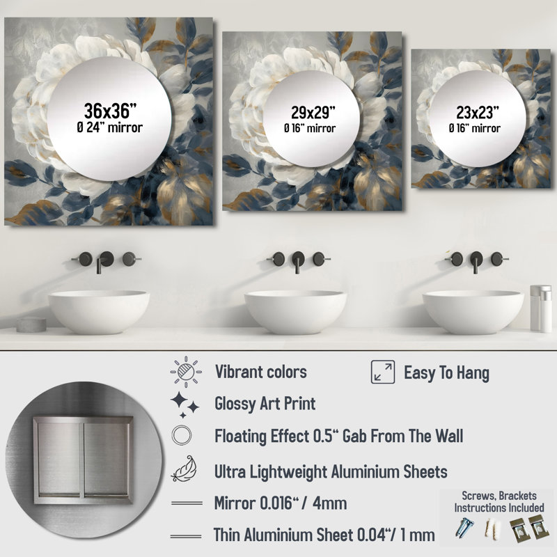 Minko - Miroir floral pivoine carré pour décoration murale, 36 po x 36 po