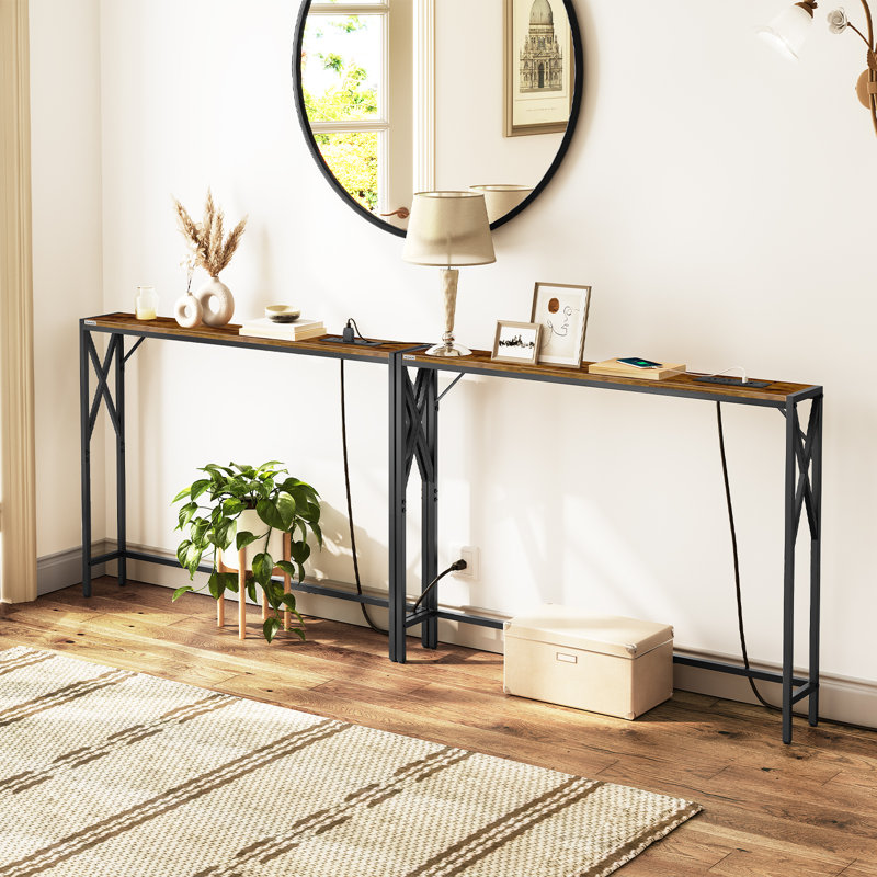 Naun 78.7" Console Table with Power Outlet Narrow Sofa Table, Brown