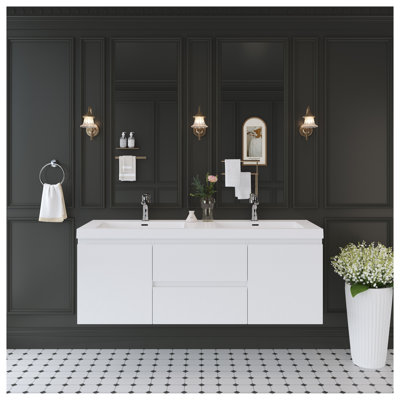 Meuble-lavabo flottant 60 po avec comptoir à surface solide 60 po, armoire murale avec tiroirs à fermeture en douceur et lavabo intégré, blanc brillant