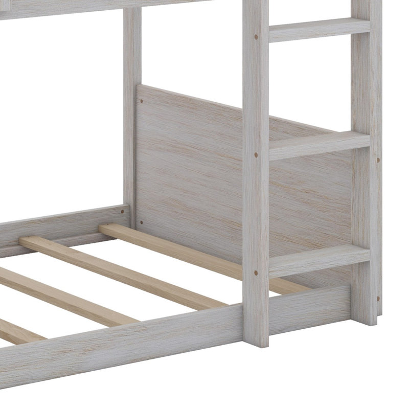 Floor Bunk Bed With Panelled Headboard And Footboard, Solid Wood Foundation With Safety Guardrails, Built-In Ladder