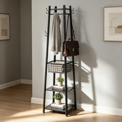 Portemanteau autoportant avec panier en métal et tablettes de rangement, portemanteau industriel avec 8 crochets pour manteaux, chapeaux, sacs et parapluies, 18 x 18 x 72 pouces, noir mat