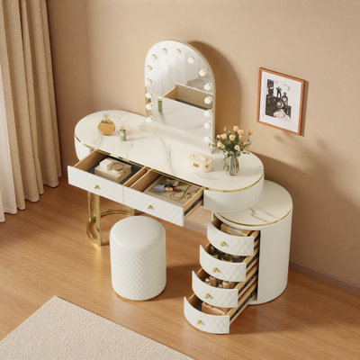 Meuble-lavabo de luxe avec miroir à DEL 3 couleurs, longueur réglable, 6 tiroirs et tabouret