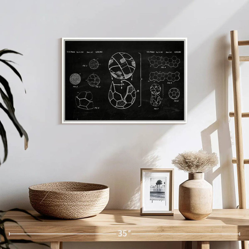 Soccer Ball BW Patent, Floating Frame White, 19" X 13"