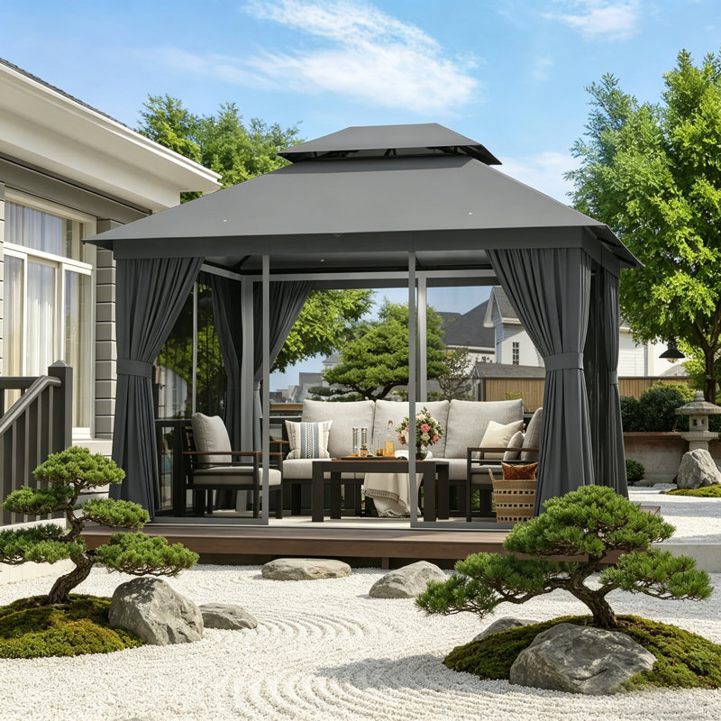 Universal Gazebo For Patios And Lawns, 10X12 Feet, Double-Layered Metal Frame, With Mosquito Net Privacy Screen., Gray