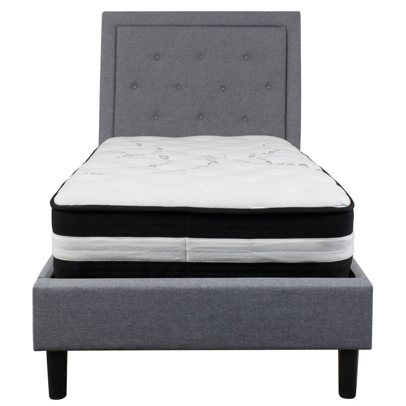 Aluino Panel Tufted Upholstered Platform Bed and Pocket Spring Mattress, Gray, Twin