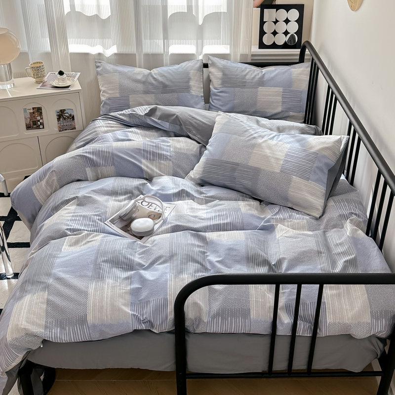 Microfiber Comforter Set, Blue Plaid, King Comforter + 2 KIng Shams