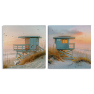 "Lifeguard Beach Hut Pelicans", ensemble de 2 toiles d'art par Steve Hunziker