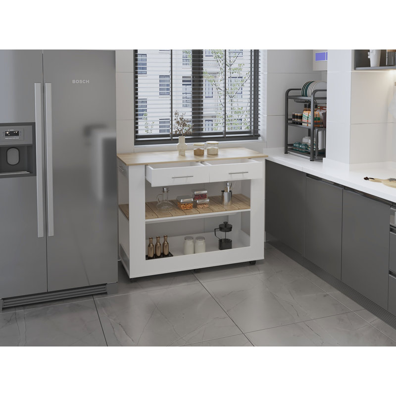 Kitchen Island with Drawer Shelves and Casters, White, 36" H x 40" W x 20" D