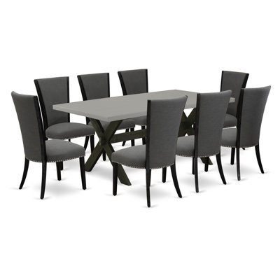 Ensemble de table de salle à manger 9 pièces comprenant une table rectangulaire en bois avec pieds en X et 8 chaises de salle à manger Parson en tissu Gotham foncé, noir brossé
