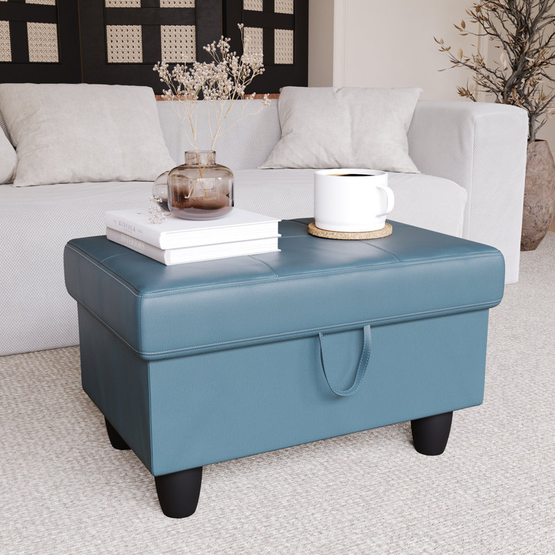 Keevha 28.5''Wide Rectangle Solid Colour Storage Ottoman, Navy Faux Leather