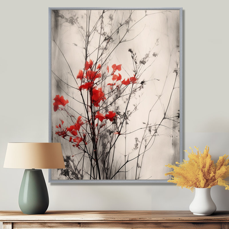 «Red Gray Herb Garden II», art mural floral, H 44 po x l 34 po x P 1,5 po, Encadrement argenté