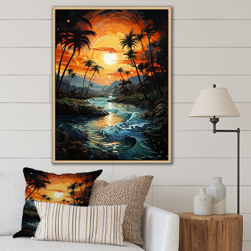 «Saudres Palm Trees Sunrise IV», reproduction sur toile, H 32 po x l 16 po x P 1 po, Cadre naturel flottant