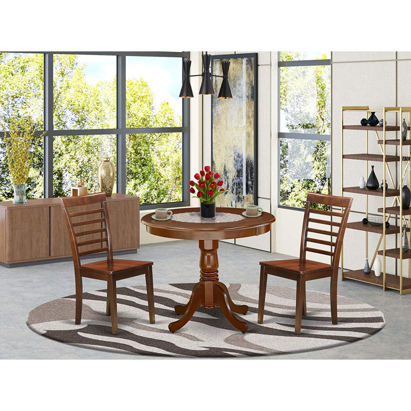 L'ensemble de 3 tables de salle à manger modernes comprend une table de cuisine ronde avec piédestal et 2 chaises de salle à manger, 36 x 36 pouces, acajou