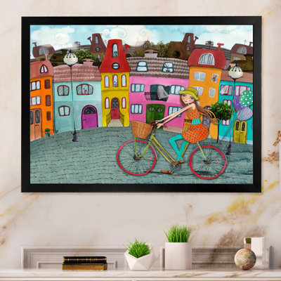 " Cute Girl Biking In Cartoon Street "