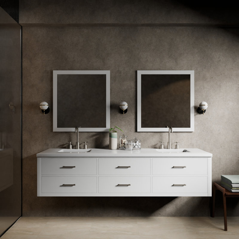 80" Wall-Mounted Double Bathroom Vanity Set, White, White Quartz