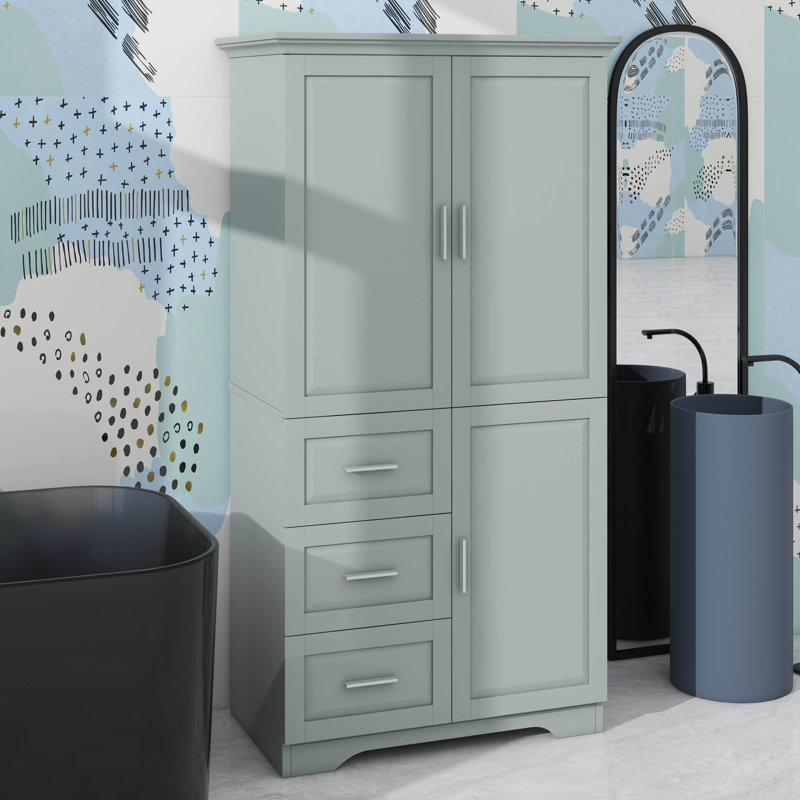 Armoire de salle de bain moderne, armoire de rangement en bois avec 3 tiroirs et 3 portes pour salle de bain, bureau, Gris