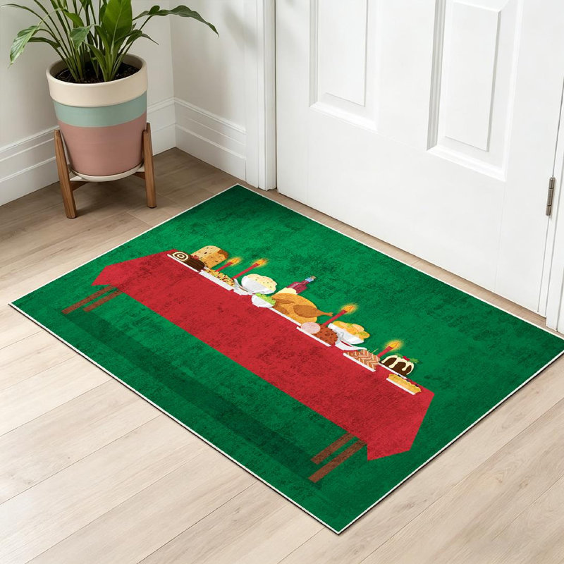 Tapis d'intérieur vert lavable à la machine, motif Noël et Nouvel An., Rectangle 32" x 47"