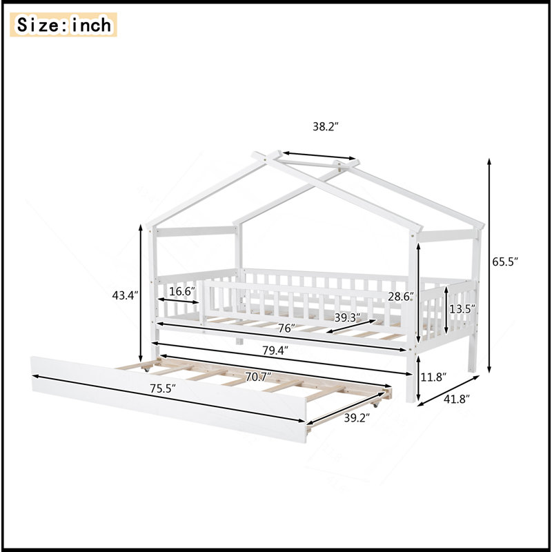 Lit en bois avec lit gigogne simple, Blanc