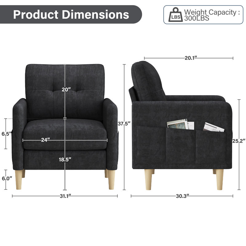 Ensemble de 2 fauteuils capitonnés en chenille avec poches de rangement George, Gris