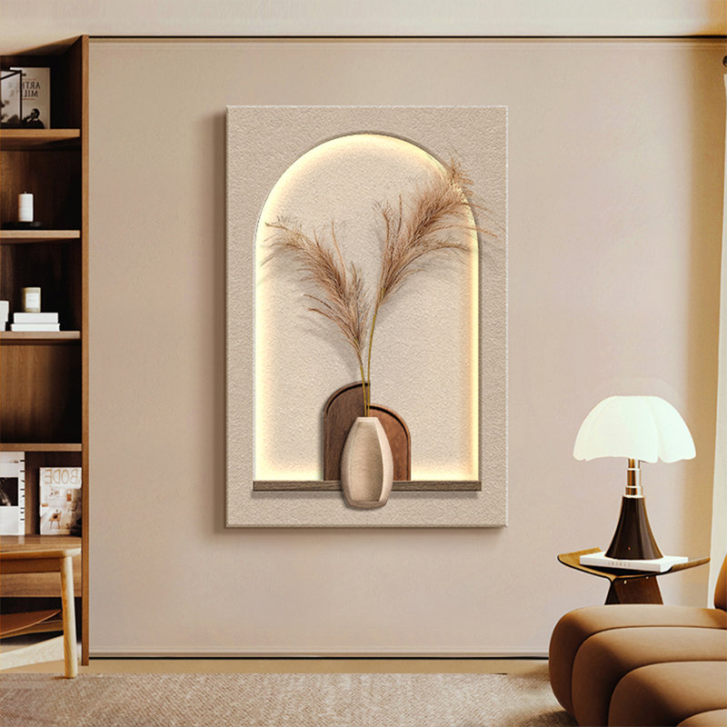Peinture murale moderne moderne en relief en grès neutre avec lumière DEL chaude, peinture minimaliste de plante séchée pour salon