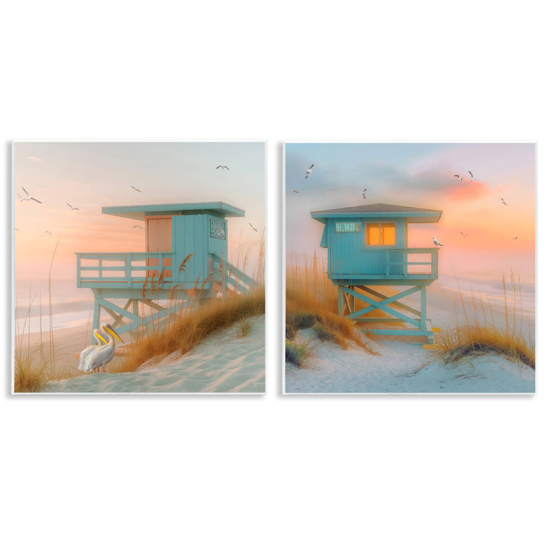 «Lifeguard Beach Hut Pelicans», ensemble de 2 plaques murales par Steve Hunziker