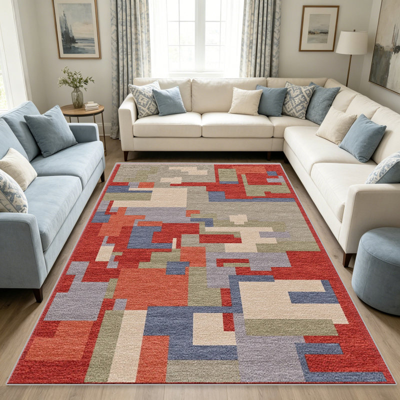 Red Abstract Blocks carpet-easy to clean, machine-washable, soft and comfortable; suitable for door mats, kitchens, living rooms, bedrooms, corridors, and laundry areas. Easy to clean, durable carpet for home decoration.