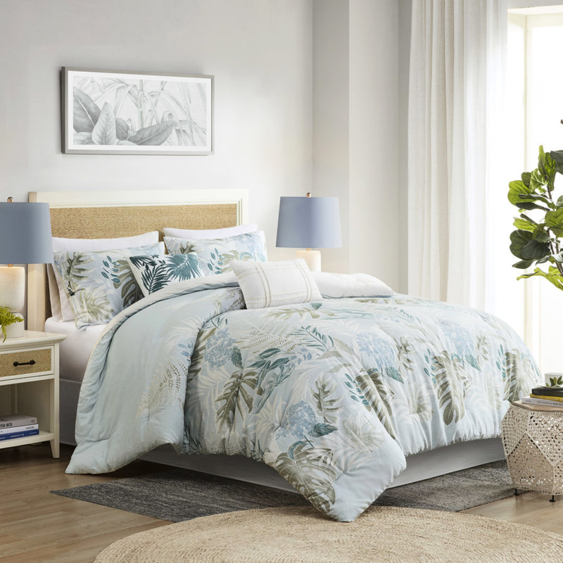 Édredon en coton avec coussins décoratifs, bleu, taies décoratives à imprimé tropical, bleu, 100% coton, literie décorative brodée
