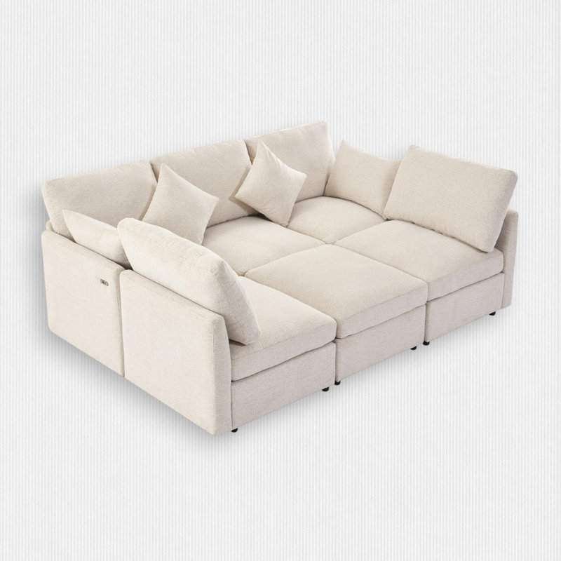 6 - Piece Upholstered Sectional, Beige Chenille