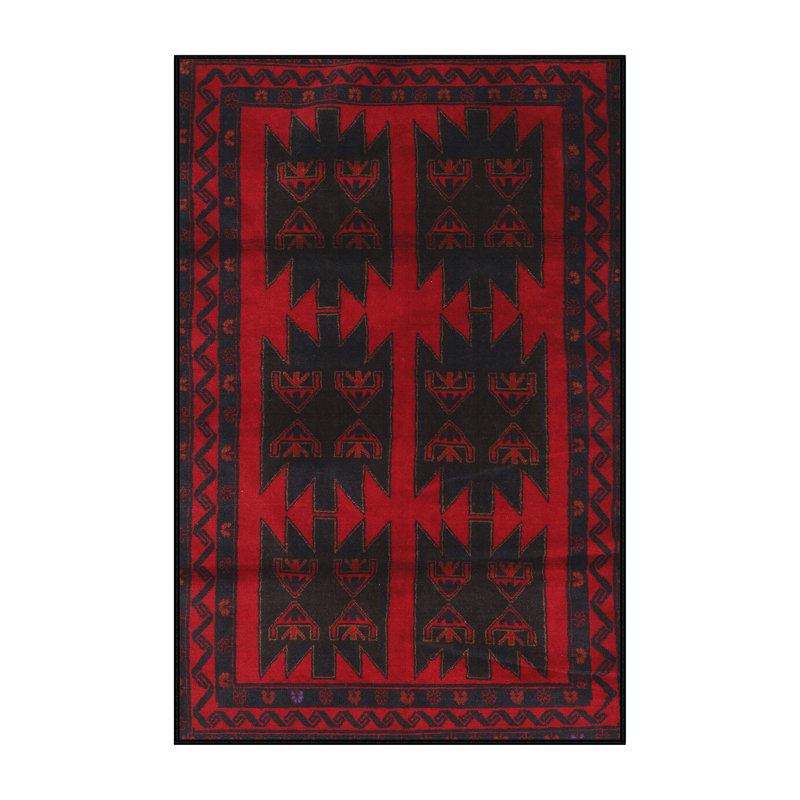 Tapis traditionnel rouge / noir, Rectangle 5 pi x 7 pi