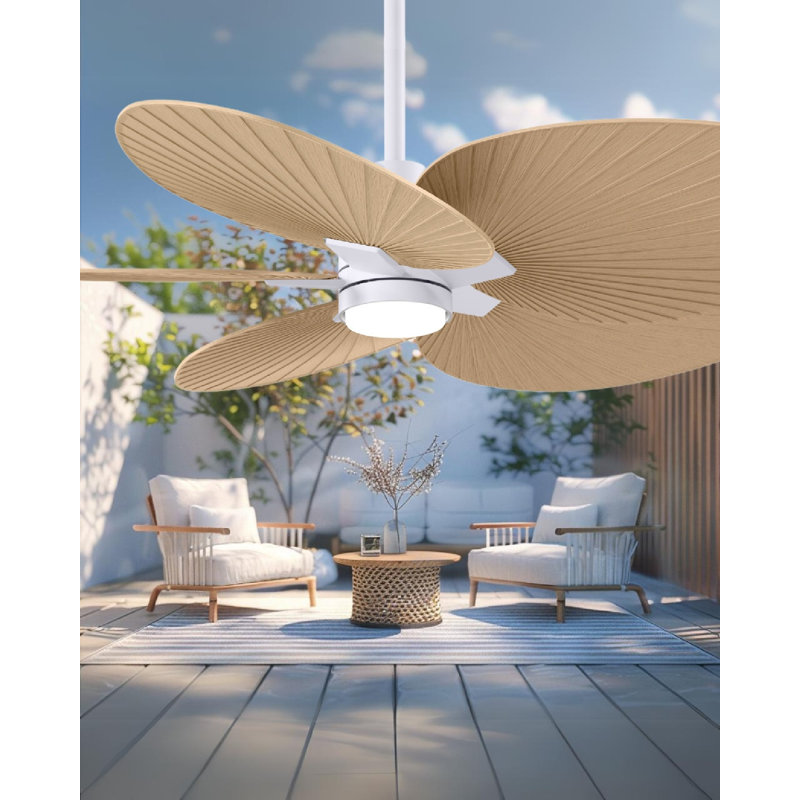 Alessandra Tropical - Five Blade Ceiling Fan - Integrated LED -Matte Black Finish -Light Blue Blades, Matte White