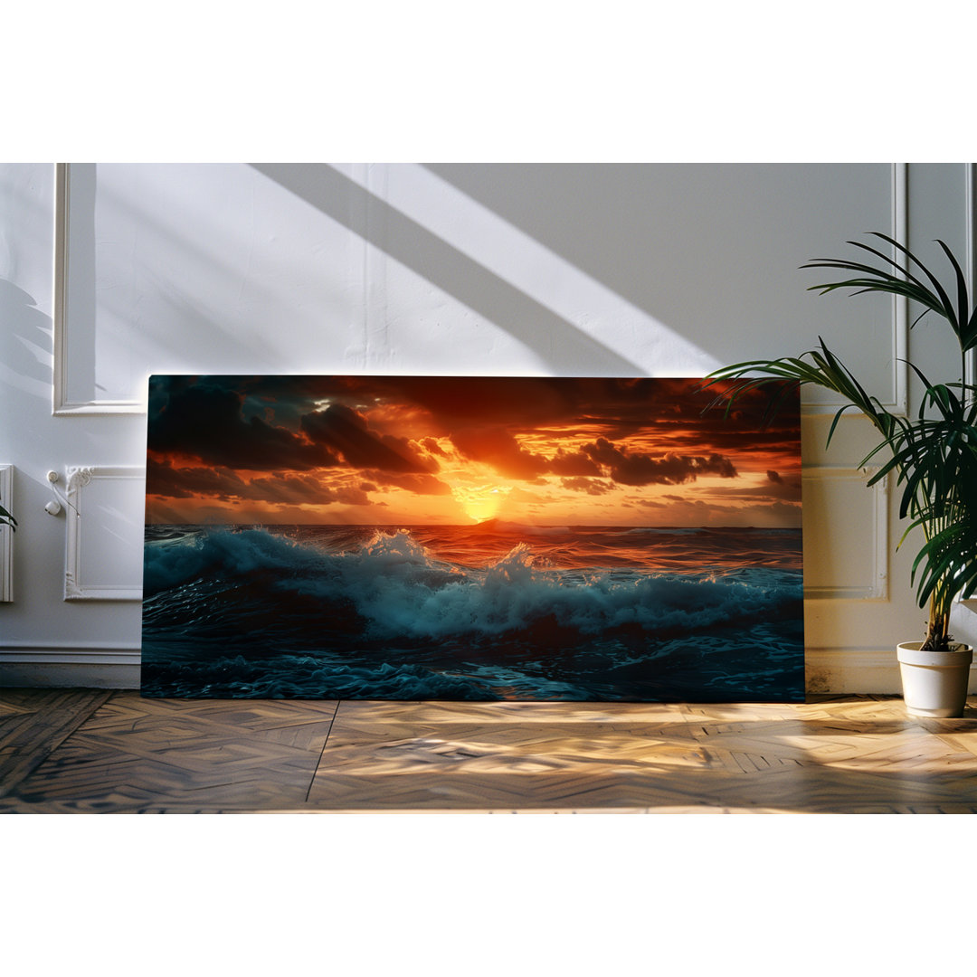 Leinwandbild gerahmt 120x60cm Sonnenuntergang Abendrot Wellen Meer Horizont