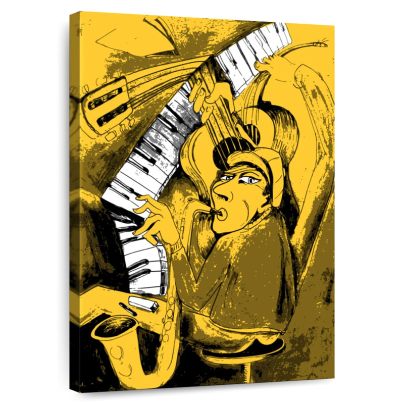 Caricature de musicien de jazz Abarca, H 48 po x l 32 po