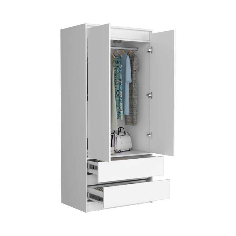 Armoire 2 tiroirs Austin, porte double, tringle, Blanc