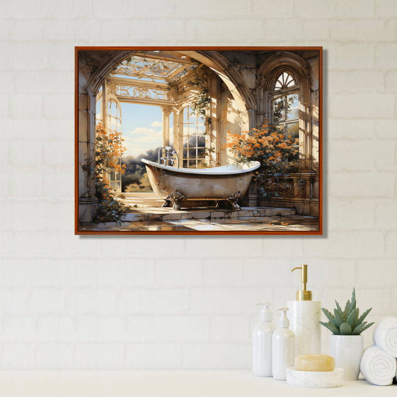 Salle de bain Golden Luxe I - Art mural de salle de bain, H 34 po x l 44 po x P 1,5 po, Cadre flottant brun