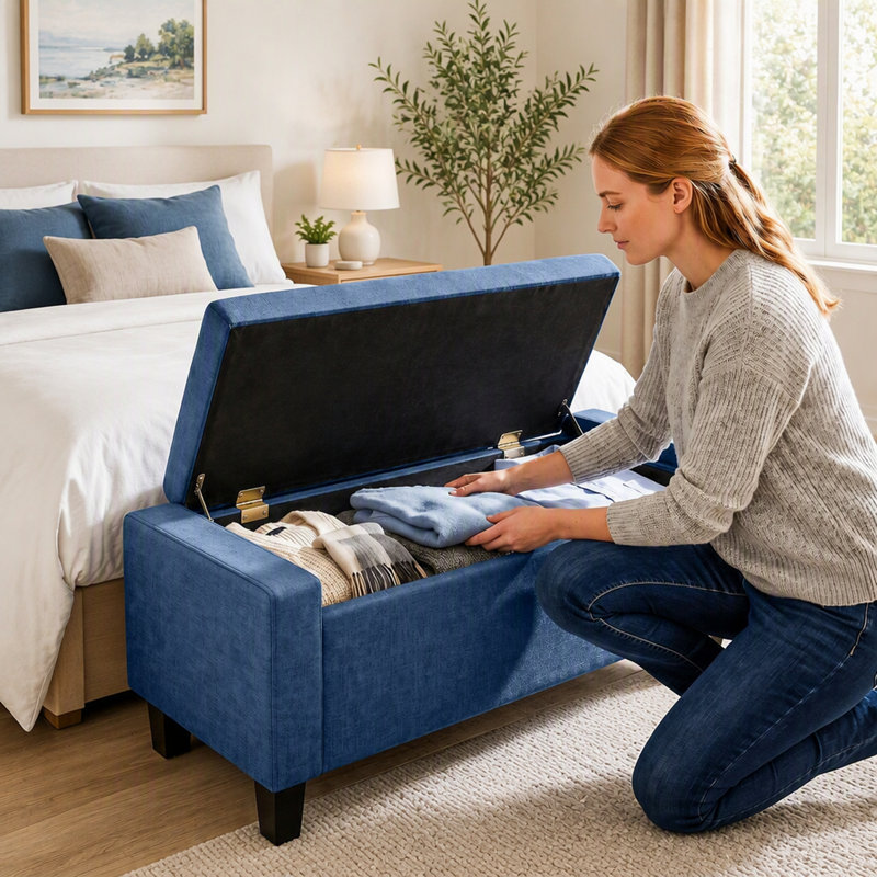Banc ottoman de rangement en tissu capitonné avec accoudoirs, Bleu