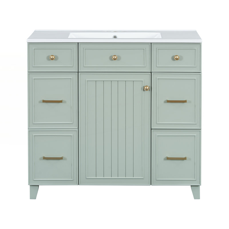 Meuble-lavabo 36 po avec lavabo en céramique, Vert, Doré