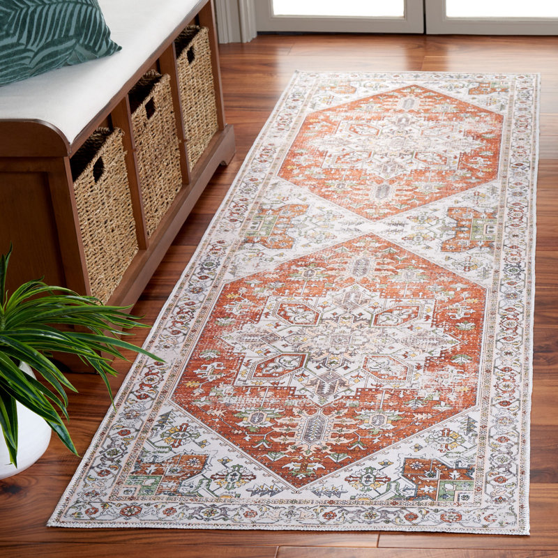 Arizona Oriental Machine Washable Non-Slip Area Rug in Ivory & Red, Runner 76 x 244cm