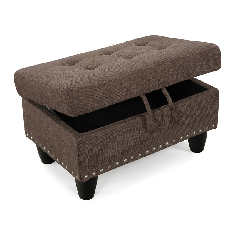 Tufted Fabric Storage Ottoman With Rivet Trim - Lift-Top Bench With Hidden Storage, Soft Padded Seat For Living Room & Bedroom, Brown