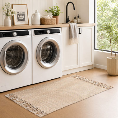 Tapis de couloir 2 x 5, tapis de cuisine tressé bohème tissé à la main avec pampilles, mélange de coton et de polyester brun clair pour le couloir du patio d'entrée de la chambre à coucher