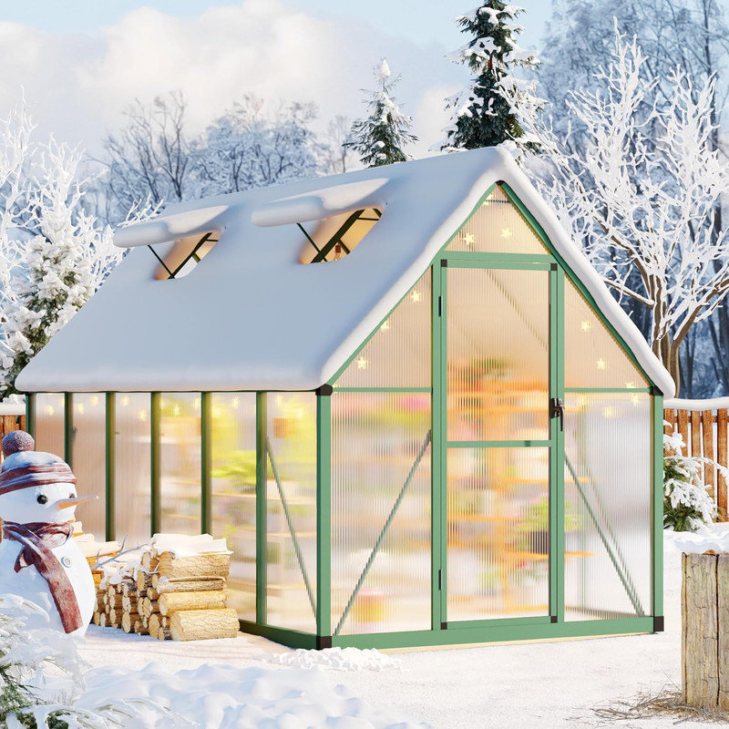 Aluminum Frame Polycarbonate Greenhouse with Roof Vent, Heavy Duty Outdoor Garden Kit, Green, 6.4' H x 5.54' W x 10.96' D