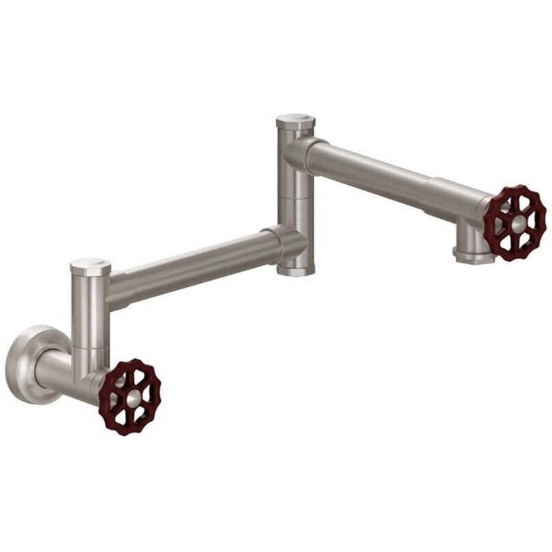 Pot Filler - Dual Handle Wall Mount - Industrial, Polished Brass, Red Wheel Handle