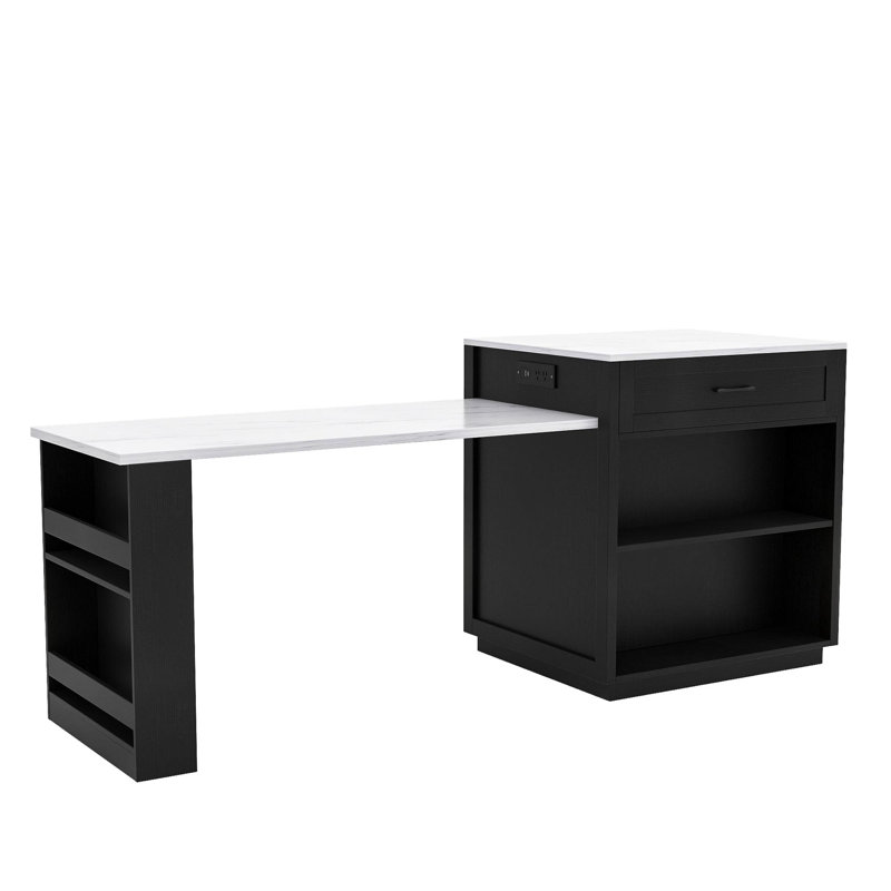Cleanthes Kitchen Island with Extendable Dining Table, Cabinet and Integrated Power Ports, Black