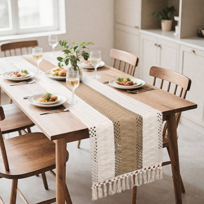 Boho Macrame Bicolor Stitching Table Runner With Tassels