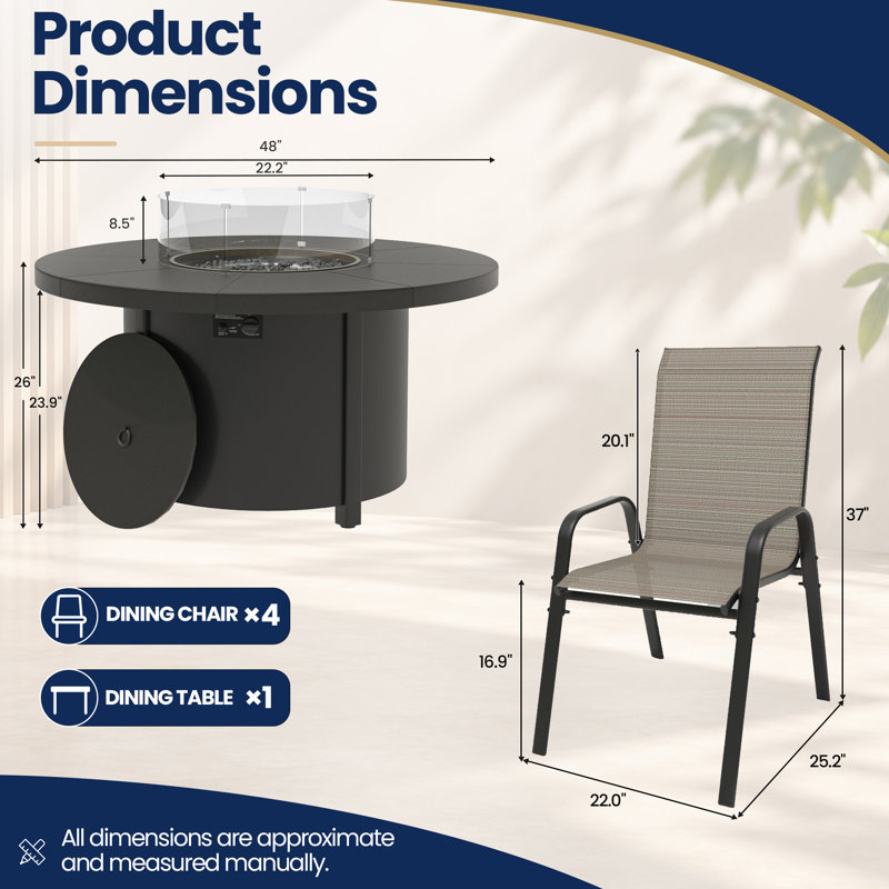 48ʺ Round 40,000 Btu Outdoor Fire Pit Table Set with Galvanized Steel Frame Textilene Chairs, 5 Pcs: Firepit Table, 4 Chairs