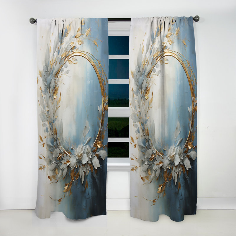 Simmonsville Blue and Gold Wreath Flower I - Traditional Velvet Curtain - Room Darkening - 1 Panel, 52" W x 90" L