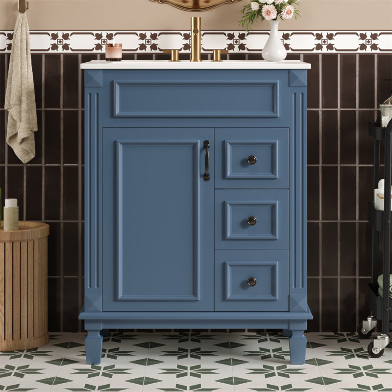 Meuble-lavabo 24 po avec lavabo en céramique, petite armoire de salle de bain, armoire moderne avec 2 tiroirs et tablette réglable