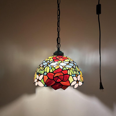 Lockehaven Tiffany Pendant Lighting Plug in Stained Glass Rose Flowers LED Bulb 12"W*12"D*60"H