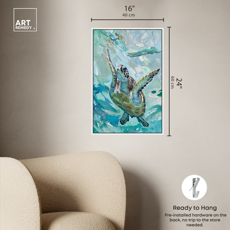 Art Remedy Serene Turtle Framed Colorful Coastal 1 Piece Canvas Wall Art 57715, White Framed, 25" H x 17" W
